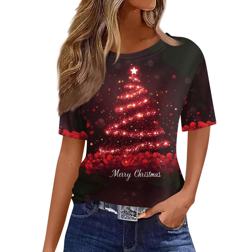 Women's Fashionable Casual Short Sleeve Christmas Print Round Neck Pullover Top