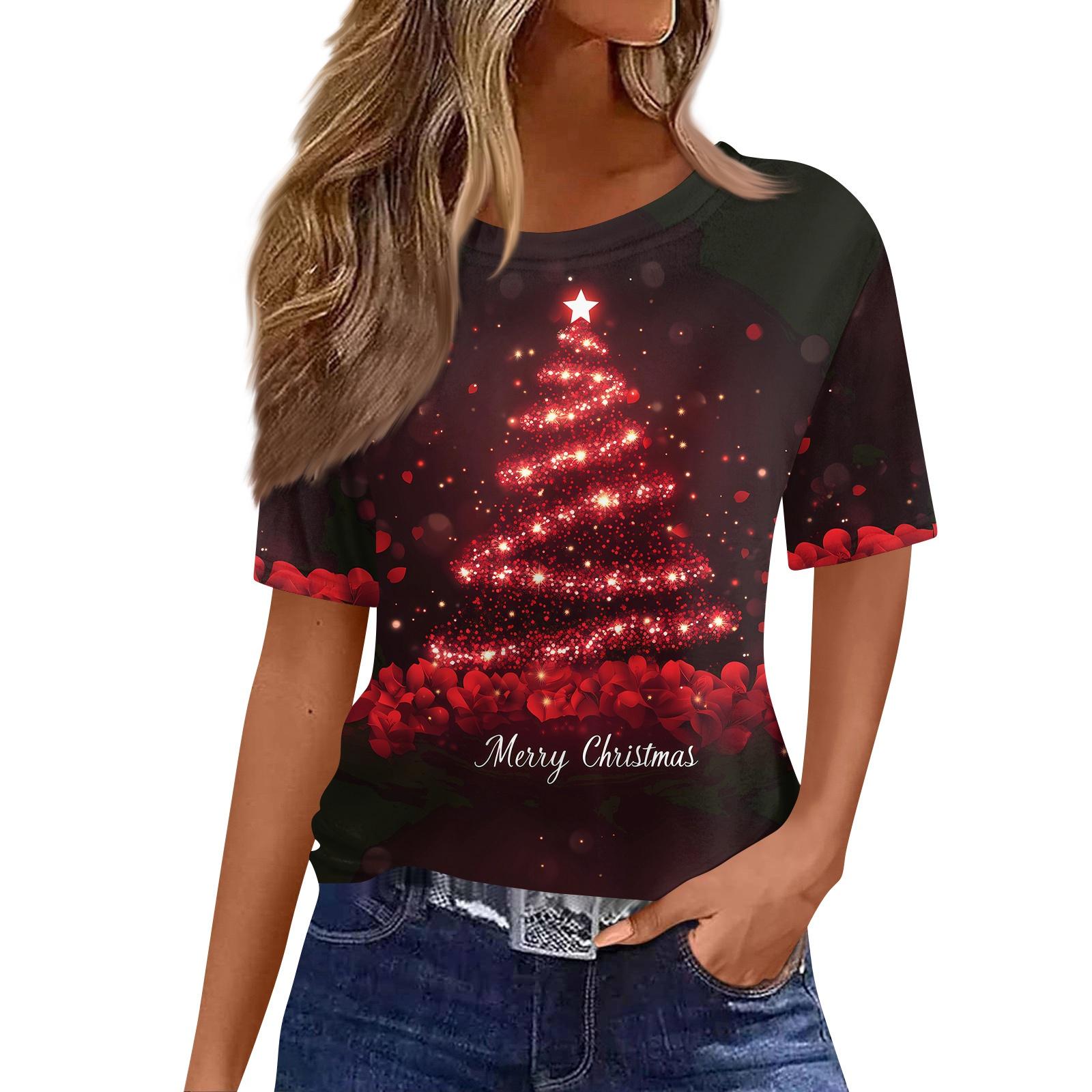 

Женский модный повседневный пуловер с коротким рукавом и рождественским принтом, с круглым вырезом S