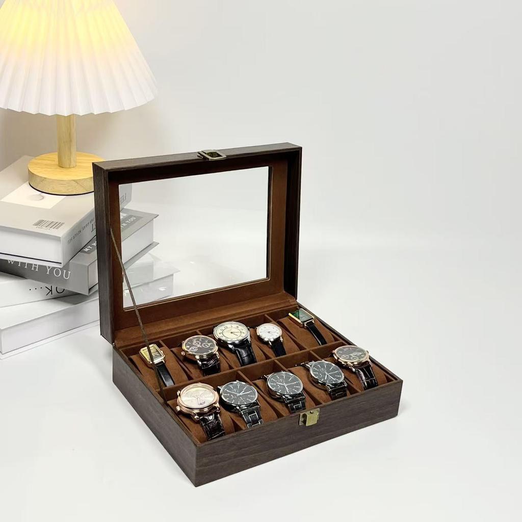 10-Bit Wood Grain Leather Watch Box with Dustproof Glass Cover