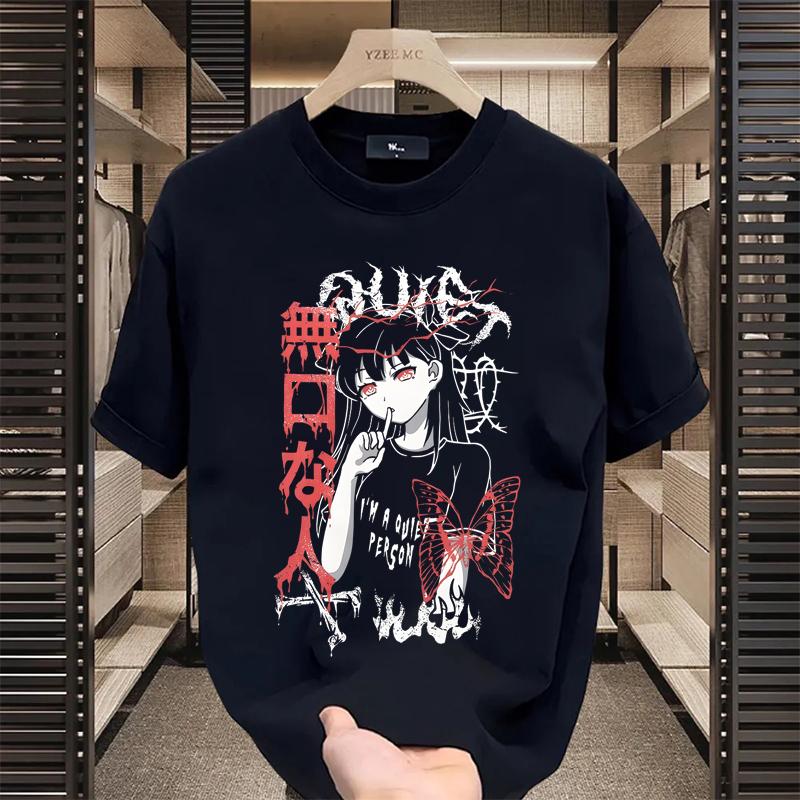 Women's Black Graphic Print T-shirt Avant-garde Skull Corner Design American Classic Retro Anime Girl Street Short Sleeve Couple