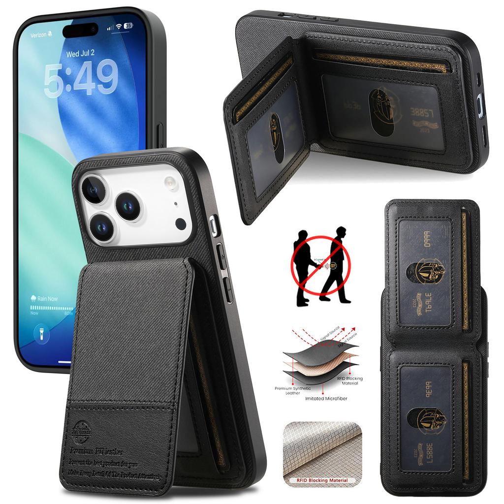 For iPhone 17 Pro Case Cloth Texture Leather+PC+TPU RFID Blocking Phone Cover with Card Holder
