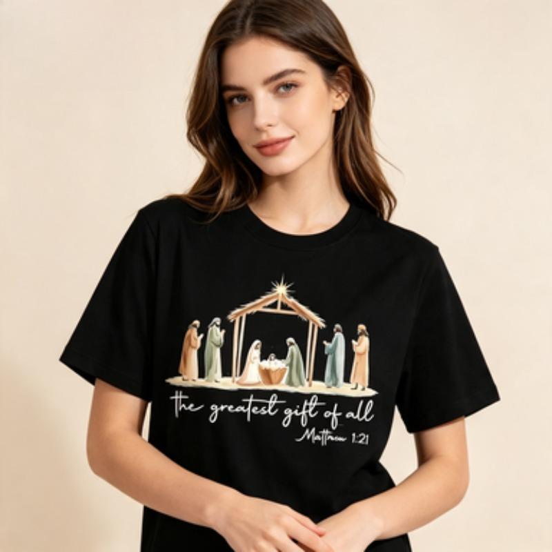 Christmas Unisex Cotton T Shirt Watercolor Nativity Scene The Greatest Gift Of All Matthew Verse Graphic Casual Loose Tops