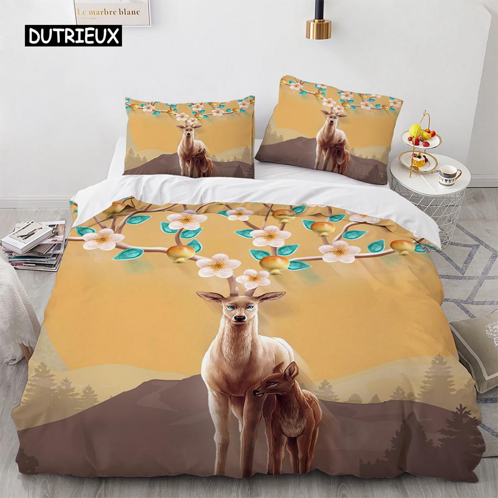 Kreskówkowy Poszwa na Kołdrę Rozmiar King Queen Wzór Złotego Jelenia Zestaw Pościeli dla Nastolatków Dorosłych Dziki Kozioł Poszwa na Kołdrę z Poszewką na Poduszkę