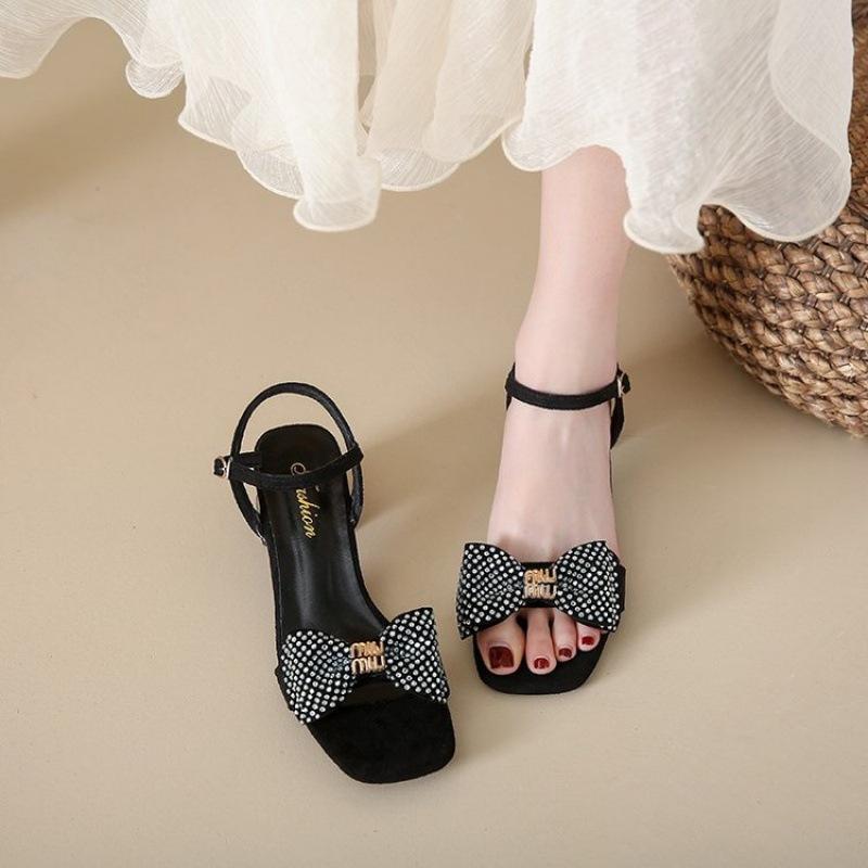 One-word buckle square head sandals women's rhinestone bow open-toed women's shoes temperament thick heel high heels pop style