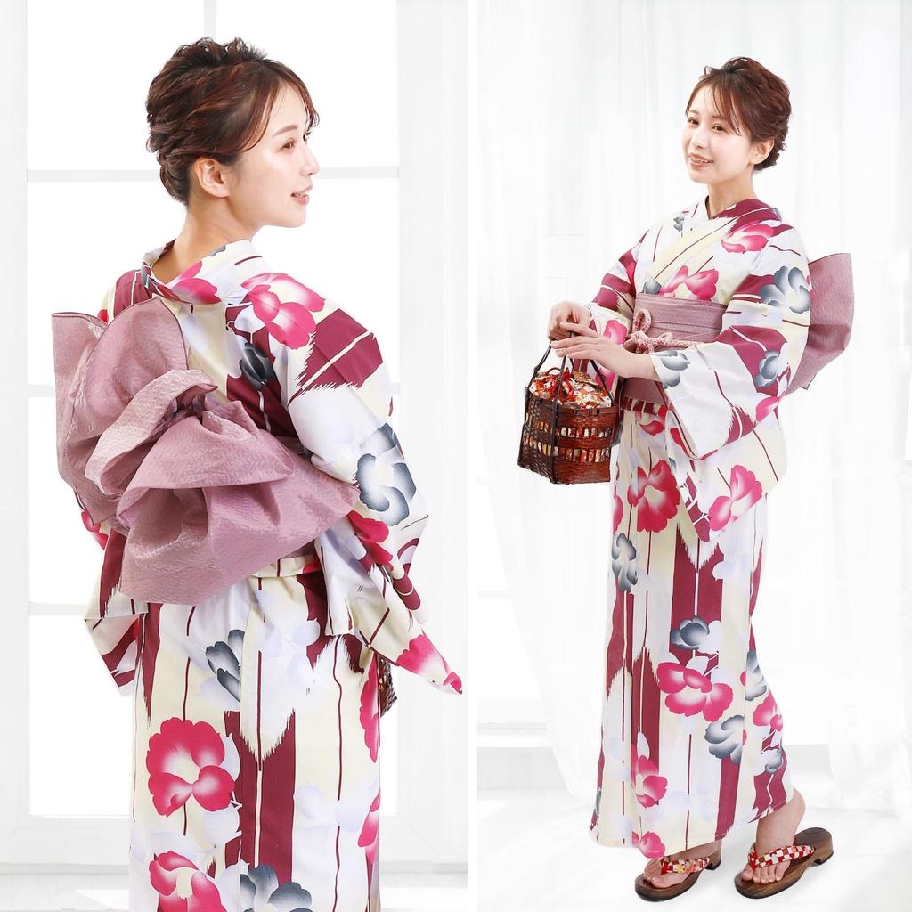 Fuuka Yukata Einheitsgröße Yagasuri Kamelie Wein Farbe Hergestellt in Wisteria X3310B255 Damen Zweiteiler, Alle, Muster, Muster, (Heko Obi, Japan, Farbe)