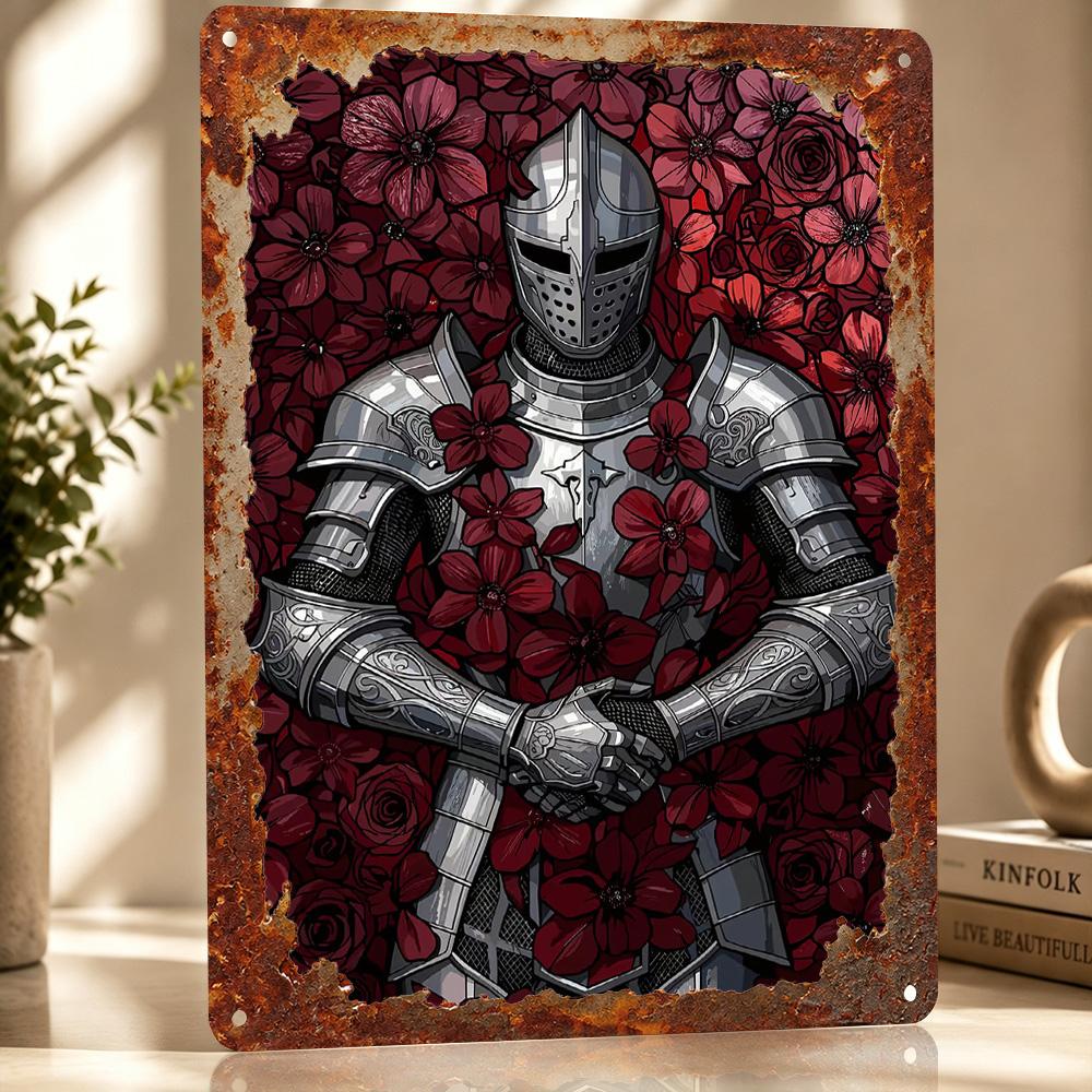 Knight In Armor Surrounded By Flowers Metal Poster Perfect Gift for Fans Lovers Personalized Wall Art Metal Sign for Funny Signs