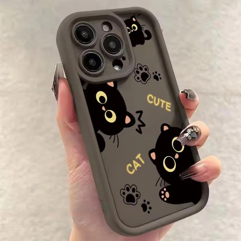 Lovely Black Cat Silicone Case For iPhone 16 15 13 12 11 14 Pro Max Plus 16E 16 Plus SE2 8 7 Plus X XS XR Shockproof Back Covers
