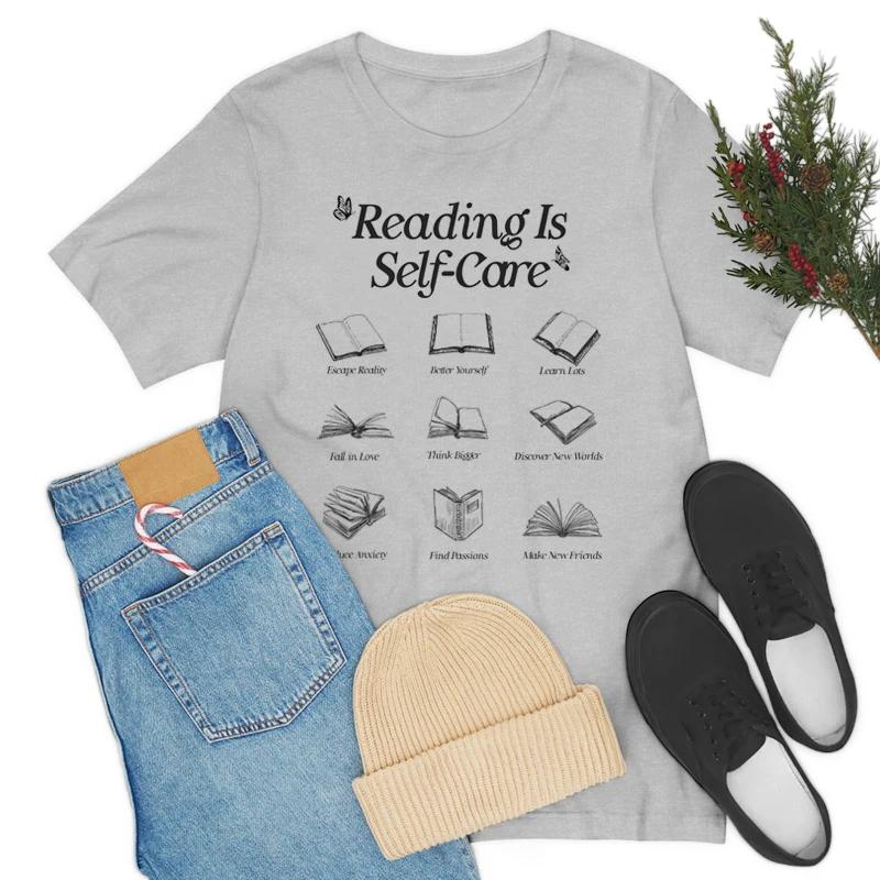 Reading Is SelfCare Bookworm Graphic TShirts Women Retro Boho Bookish Unisextal Health T Shirt Cute Loose Book Lover Tees Gifts