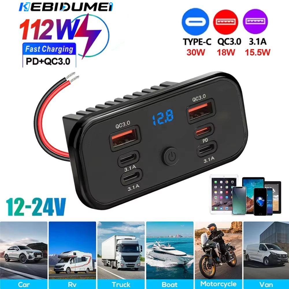 4/6 Ports 112W Dual 18W USB-A 30W PD3.0 QC3.0 Car Charger Outlet ast Charging Power Adapter with Voltmeter Switch for 12V/24V for Car RV Truck Boat
