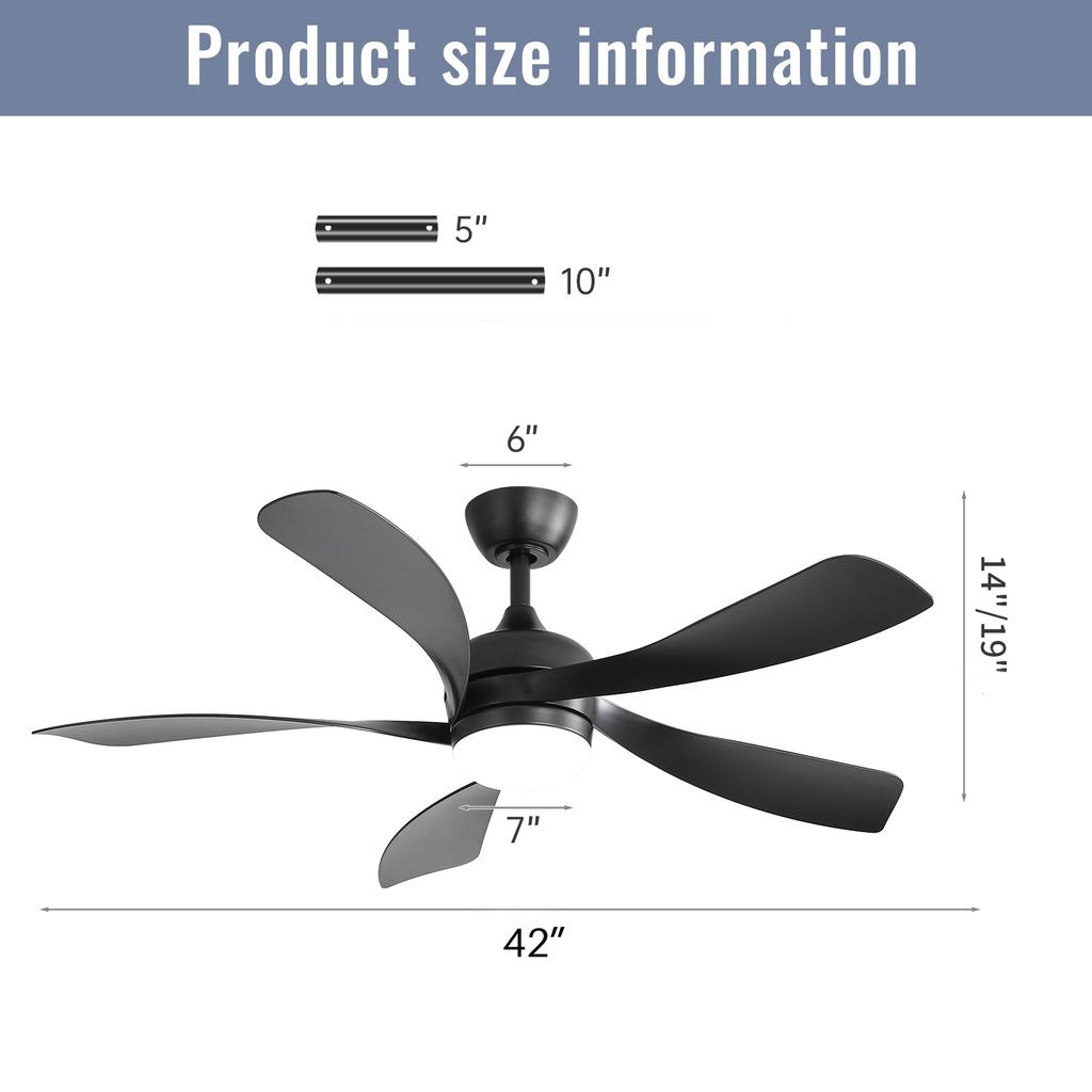 42-inch ceiling fan with lighting, DC motor, timer function (1/4/8 H), remote control included, 5 ABS blades-black