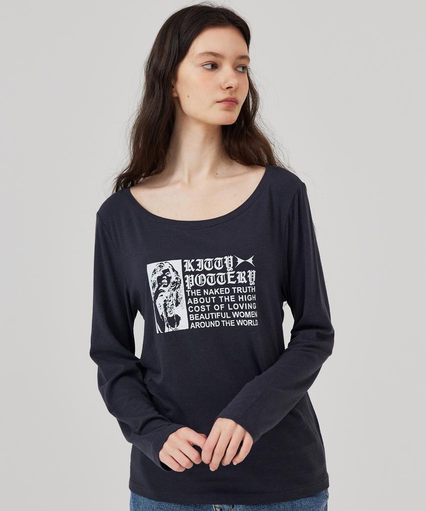 KITTY POTTERY Boat Neck Glam Graphic Long Sleeve T-Shirt Charcoal