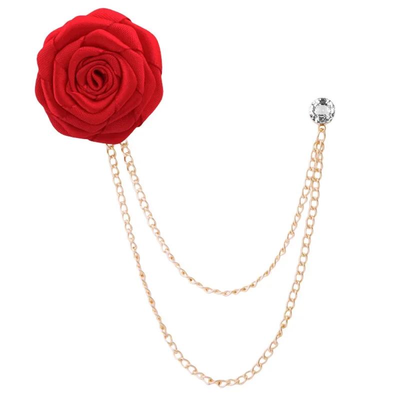 

Korean Style Groom Wedding Brooch Handmade Cloth Rose Flower Lapel Pin with Tassel Chain Men s Suit Accessories червоний