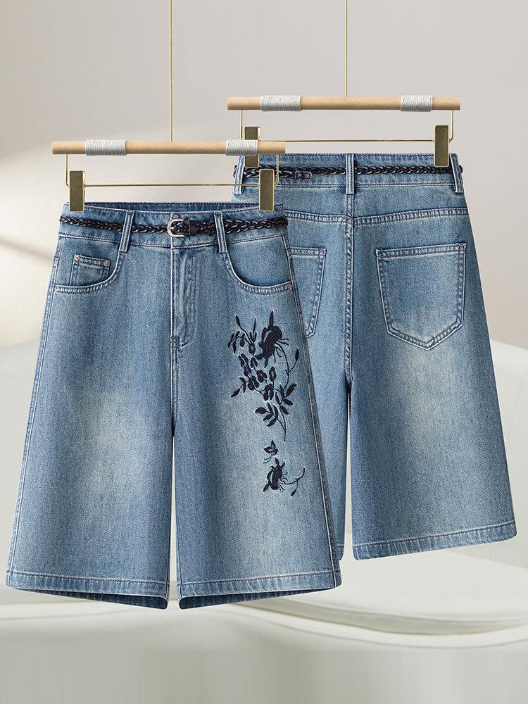 2025 New Retro High-Waist Women's Wide-Leg Denim Shorts with Chinese Embroidery - Summer Style
