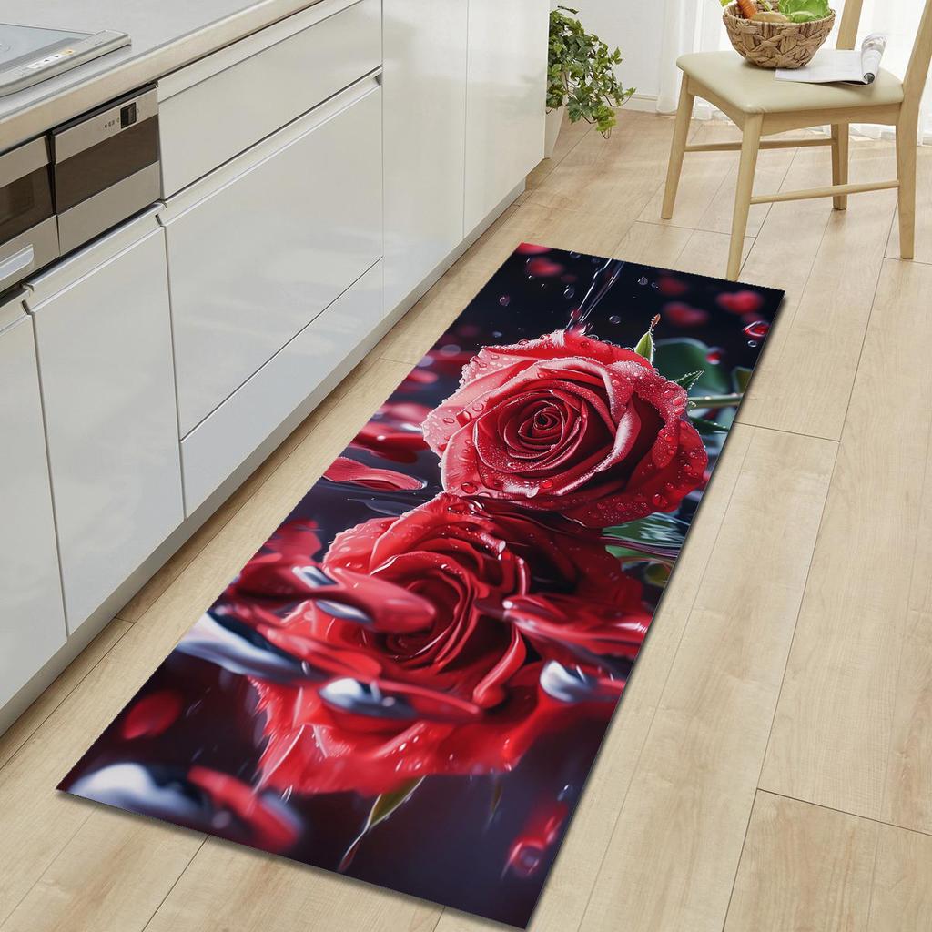 1Pcs Cat Rose Pattern Floor Mat Modern Kitchen Polyester Rug Non-Slip Colorful Indoor Carpet, For Home Bathroom Bedroom Living Room Decor