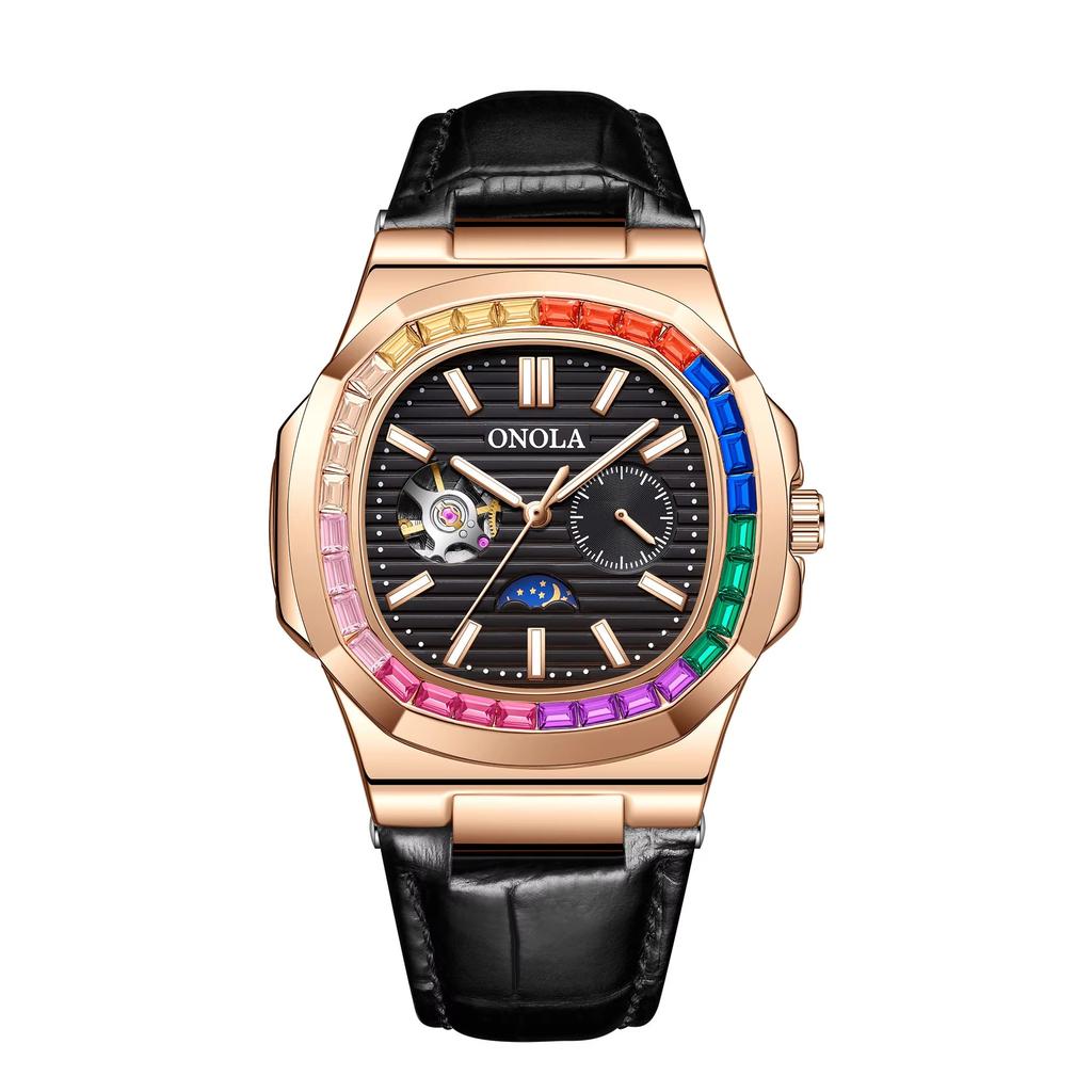 ONOLA 3855CH Luxury Watch Luminous Hands Charm Men's Mechanical Cheap Price Fashion Leather Band Automatic Male Watches