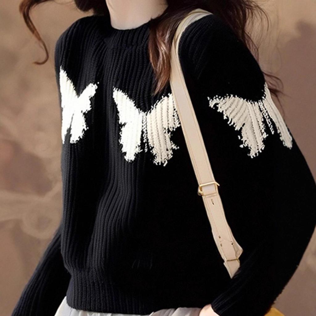 Petite Black Butterfly Print Loose Sweater for Women - 2025 Autumn/Winter Base Layer