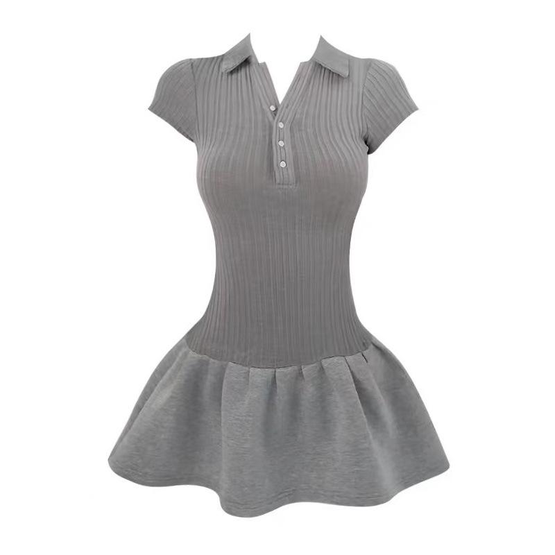 American Spice Girl College Style Polo Neck Short Sleeve Dress Women's Spring Summer Waist Skinny Knitted Splicing Tennis Dress