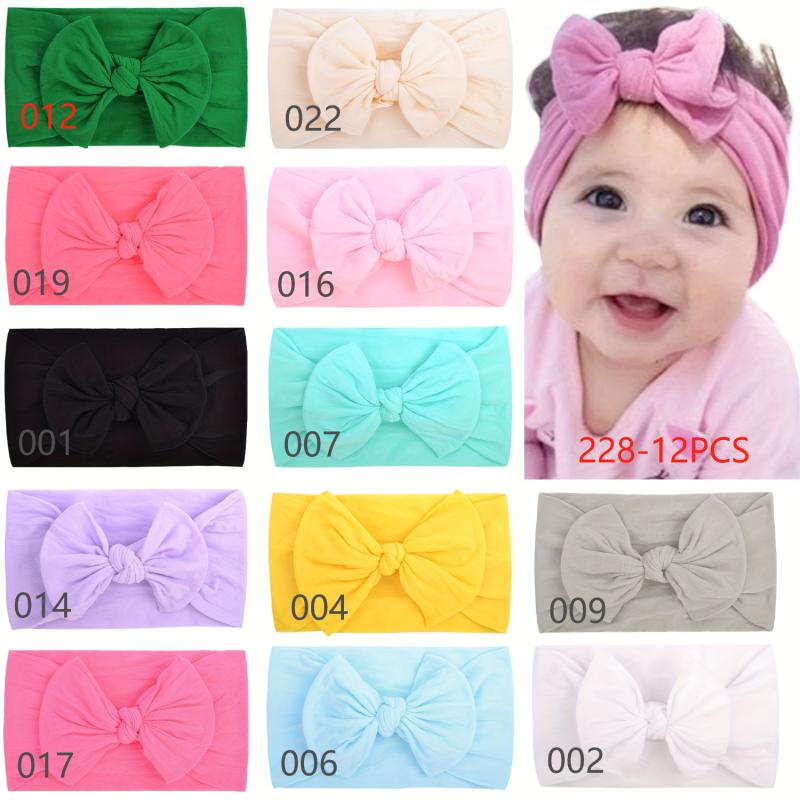 

12Pcs/Set Bright Nylon Solid Color Baby Headband Set 3.5inch Bowknot Casual Headties Soft and Non Damaging Headdress Gifts