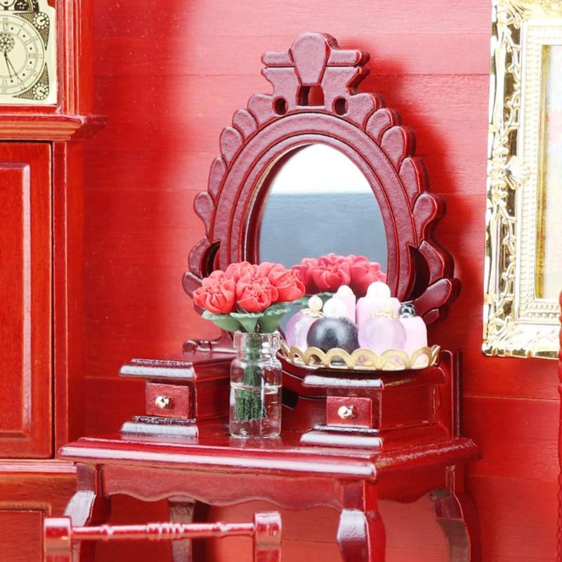 1/12 Scale Traditional Wooden Mini Furniture Set Dresser Stool With Fine Workmanship For Small Room Display