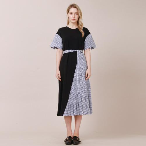 Bunderghost Black Check Color Block Asymmetrical Short Sleeve Long Dress