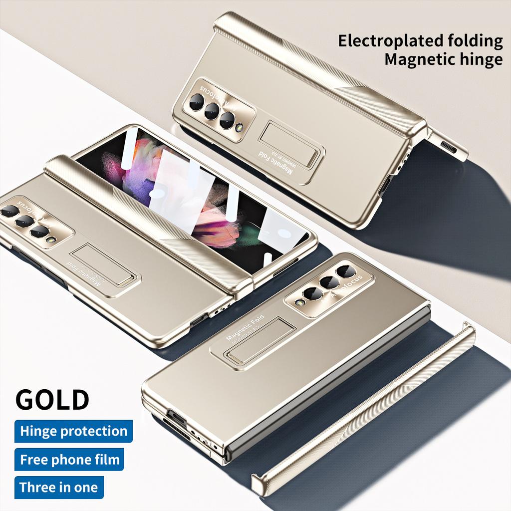 Magnetic Hinge Bracket Case For Samsung Galaxy Z Fold 4 3 5G Cover With Electroplated Lens Film Case For Galaxy Z Fold4 Fold3