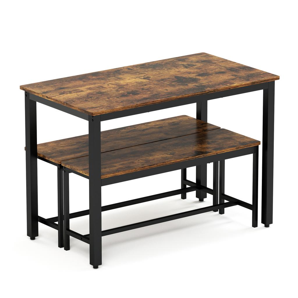 Dining Table Set, Bar Table with 2 Benches, Industrial Breakfast Table for Kitchen, Living Room, Party Room, Rustic Brown and Black, 110*60*75cm