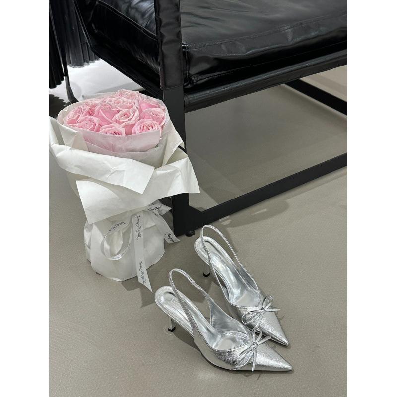 2025 spring and autumn new French light mouth stiletto one-word high heels women's patent leather pointed bow sandals women