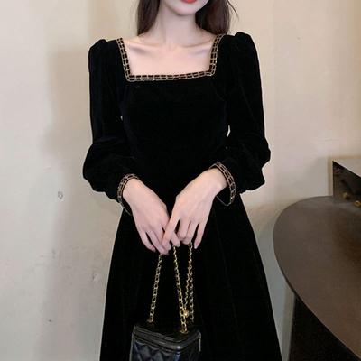 Rochie din catifea cu chenar auriu pentru femei toamna-iarna stil vintage Hepburn cu rochie de seara Fusta lunga in linie A