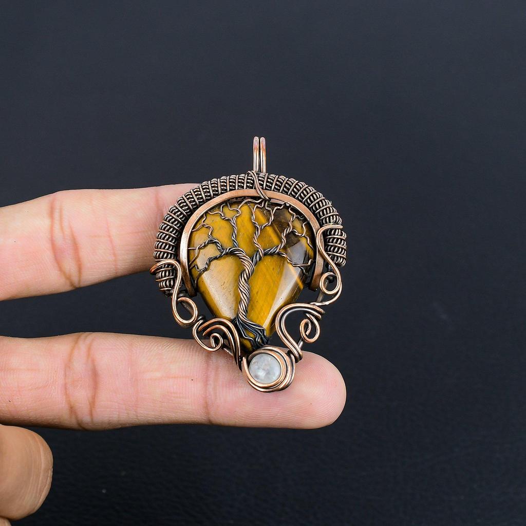 Tiger's Eye 999 Copper Wire Wrapped Pendant, Handmade Gemstone Pendant , Gift For Mom Antique Jewelry
