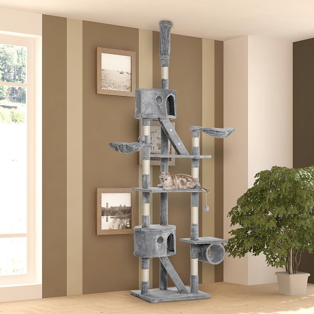 Floor to Ceiling Cat Tree for Indoor Cats, 240-260cm, Adjustable Height - Light Grey