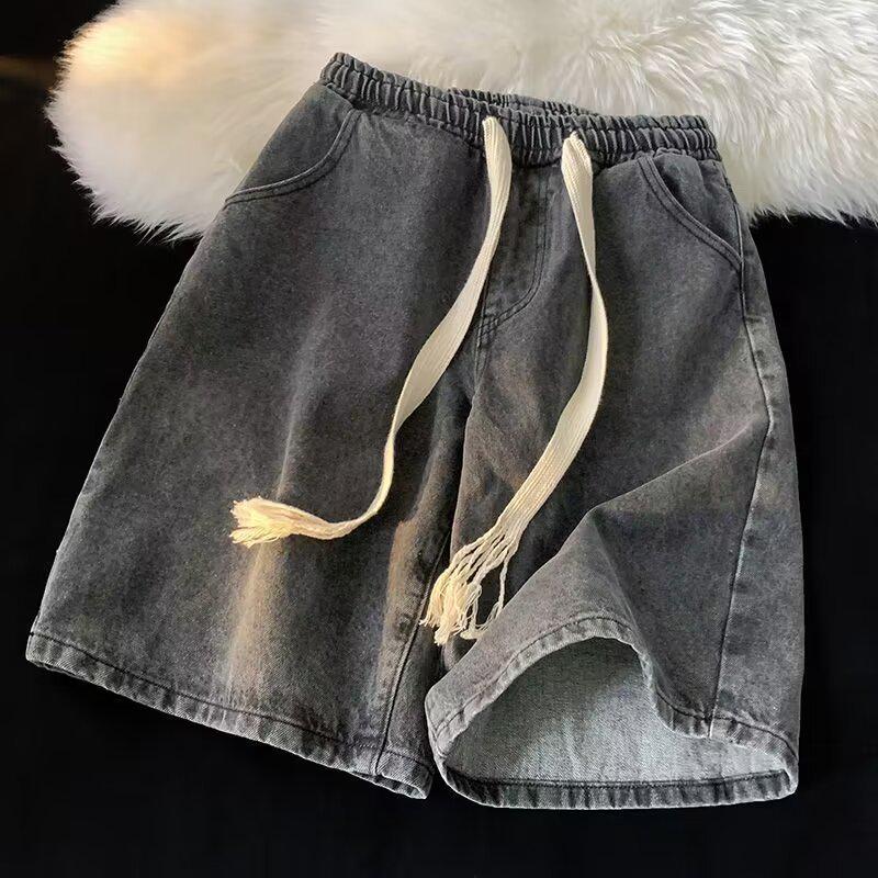 Men's Retro Straight-Leg Denim Drawstring Shorts - Casual, Lightweight, Mid-Length, Loose Fit, Summer Style, Large Size