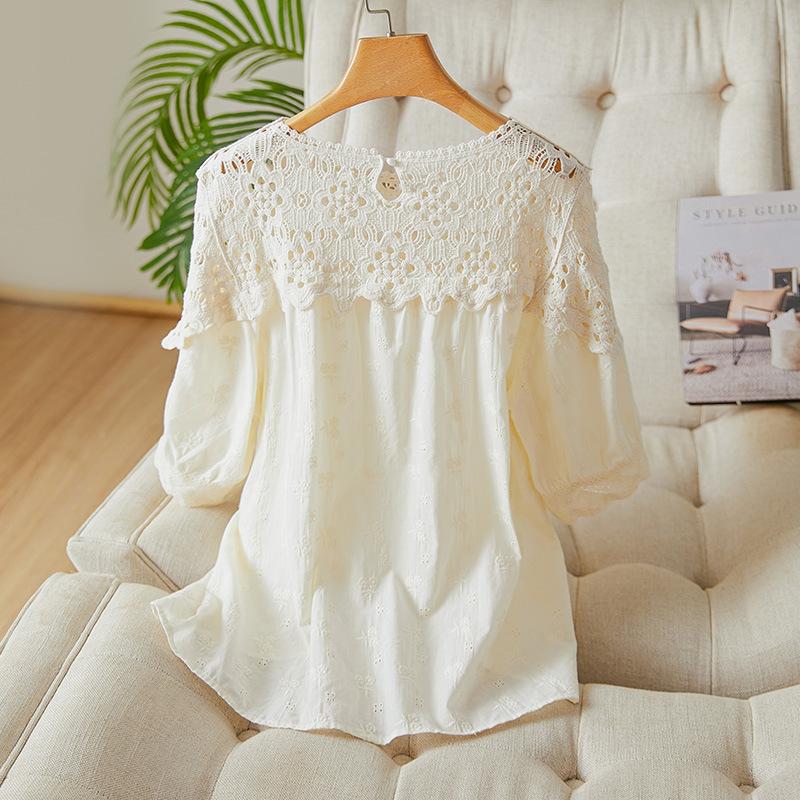 Apricot Pin Lace Hollow Round Collar Shirt Summer New Style Lady Shirt