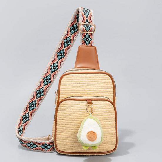 Women Crossbody Pack Straw Woven Chest Bag with Ethnic Strap Boho Shoulder Bag Crossbody Purse for Travel Vacation Street