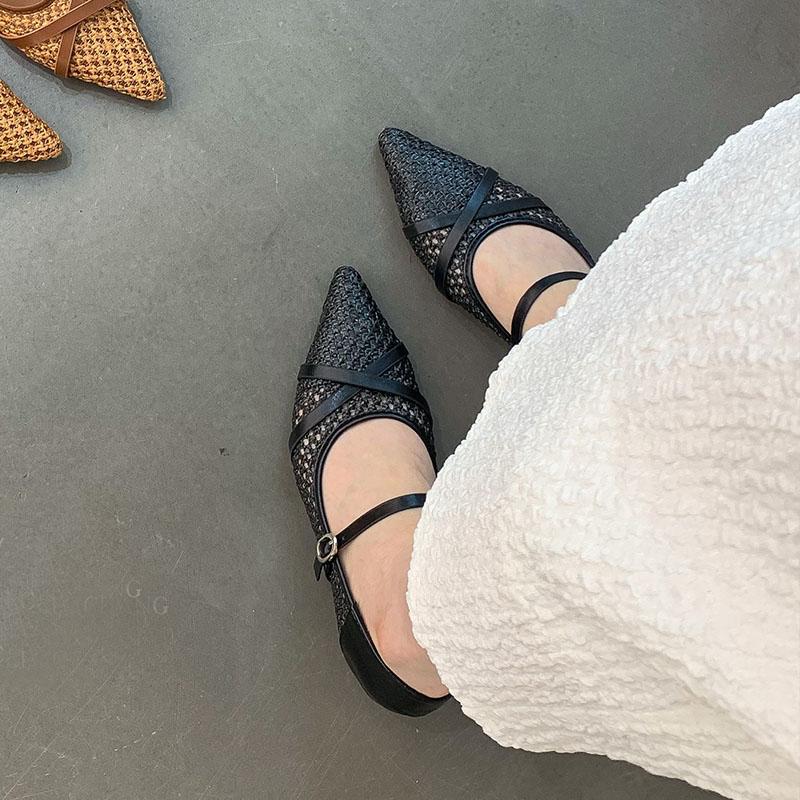 Fashion Weave Fashion Buckle Strap Women Flats Mary Janes Shoes Female Pointed Toe Ladies Flats Shoes With Height Increasing Footwear