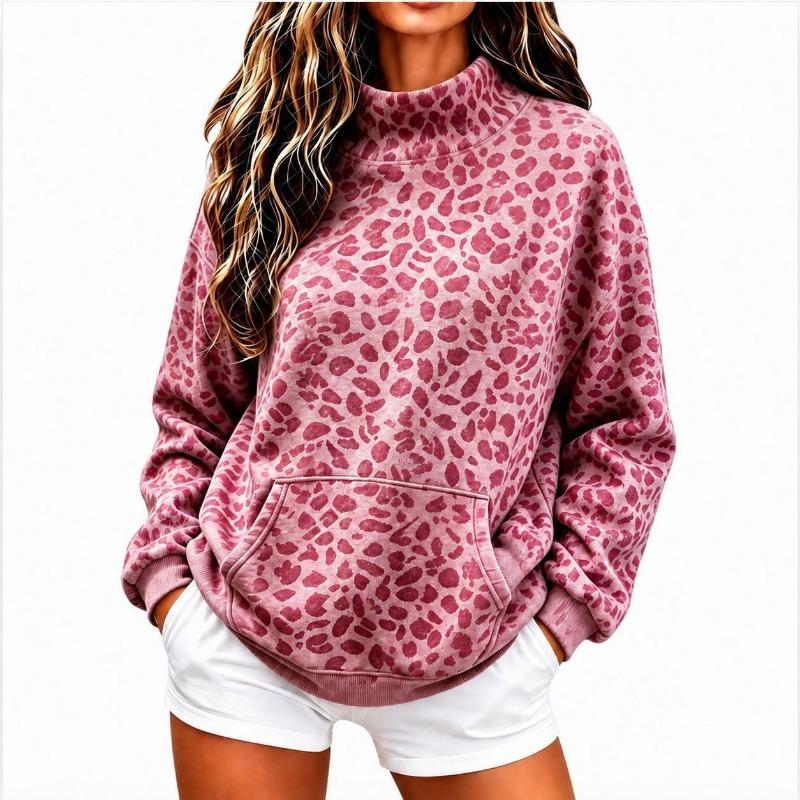 Women S Vintage Leopard Print High Neck Long Sleeve Loose Casual Hoodie