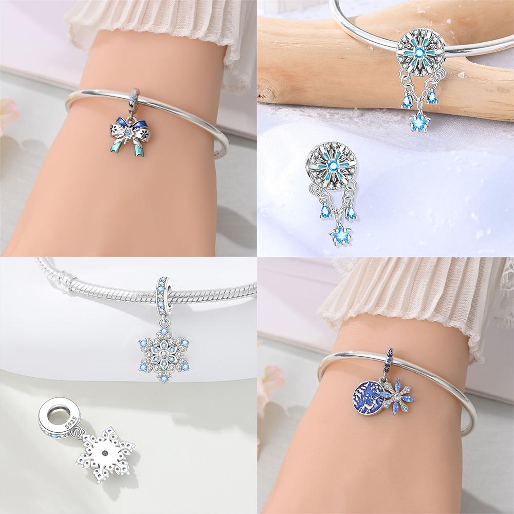 Authentic copper Blue Snowflake Bow Pendant Romantic Star Shape Glass Heart Bead Charms Compatible With Bracelets Diy Jewellery Gift Accessory Making