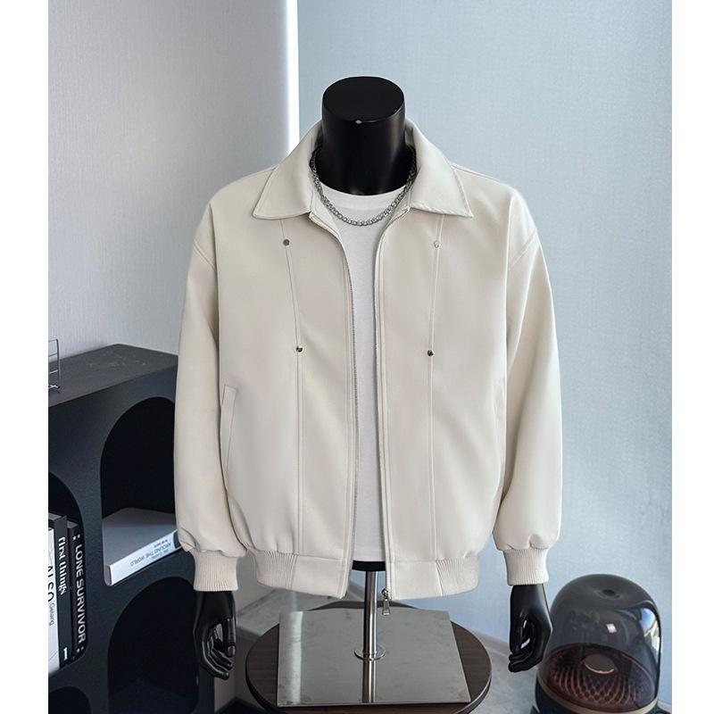 Off-White PU Leather Padded Men's Autumn Winter Motorcycle Jacket, Thickened Cotton Baseball Style for Couples