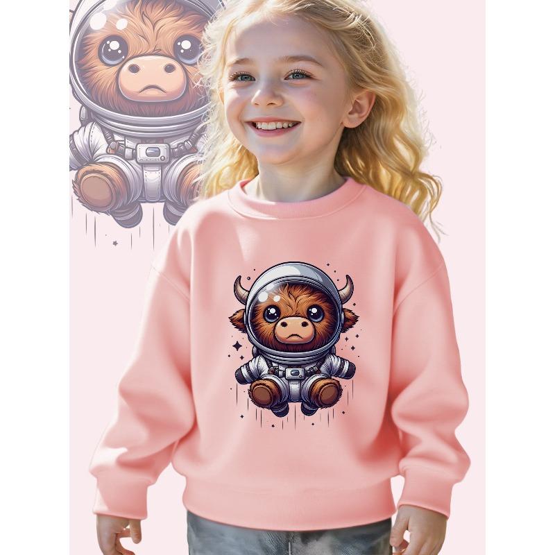 Kids Crewneck Sweatshirt, Cartoon Space Cow Graphic Print,Soft Casual Long Sleeve Pullover