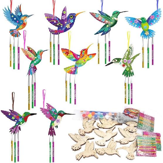 Fennoral 27 Pack Hummingbird Wind Chime Craft Kit for Kids Make Your Own Hummingbird Craft Wooden Ornaments for Girls and Boys DIY Crafts Activity