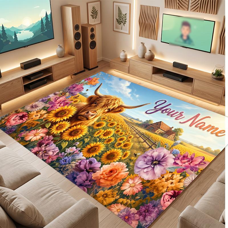 Highland Cow Theme Soft Crystal Velvet Rug Custom Name & Text Print Non Slip Floor Rug for Bedroom Living Room