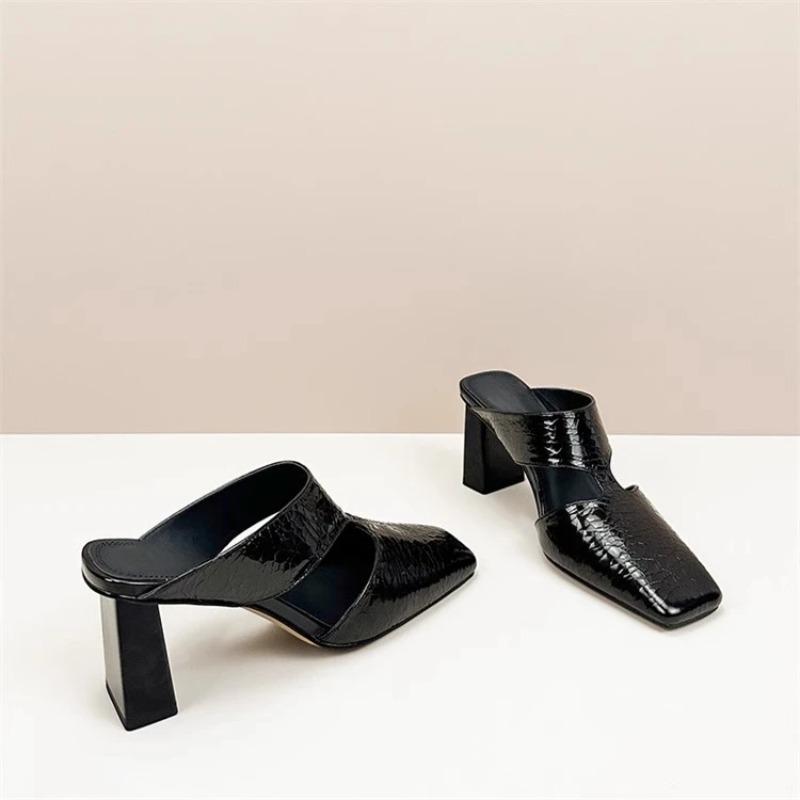 Mote Nye Pumps Damesandaler Ute Naturlig Skinn Sprekket Tøfler Kvinnelig Mote Firkantet Tå Mules Høy Hæl Slides Sko