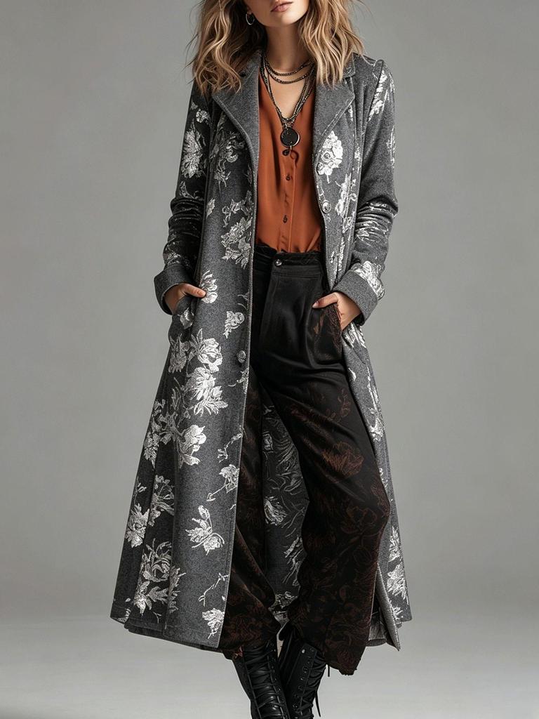 2026 European Retro Velvet Floral Lapel Long Coat - Women's Autumn Winter Fashion.