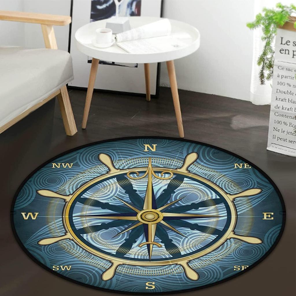 Compass Carpet Non-Slip Doormat Nautical Theme Floor Mat Round Area Rug for Bedroom Living Room Study Playing Room Decor