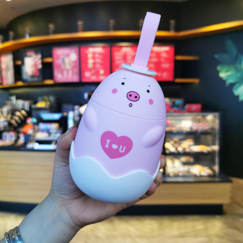 Cartoon Egg Pig Shaped Water Bottle With Rope Glass Liner Cute Kids Girls Drink Bottle 290ML 201-300ml