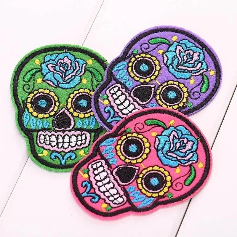 9Pcs/set Of DIY Multicolor Skull Clothing Patch Fashion Jeans Embroidery Fabric Badges In Random Colors