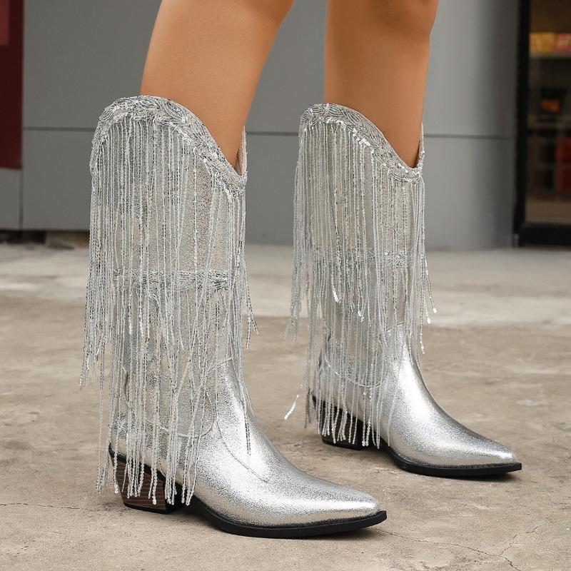 European and American Fashion Medium Tube Fashion Boots Women's Large Size Retro Thick Heel Pleated Foot Sleeve V Mouth Western Knight