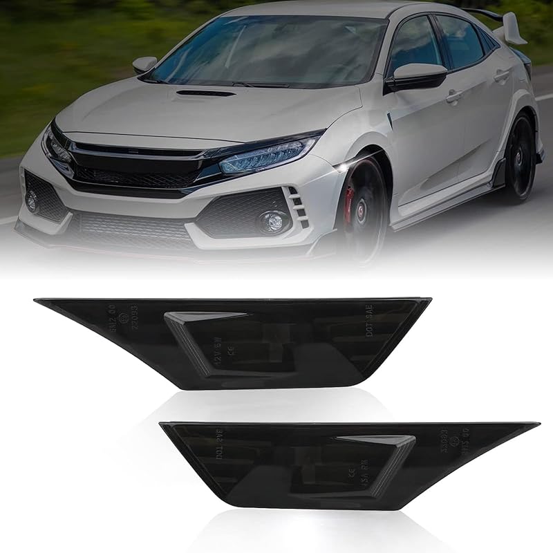 Bestview 2PCS Side Marker Lights For 2016- Honda Civic 10Th Gen Coupe Hatchback: Smoked Lens Front Bumper Fender Lights, 6000K White LED Sidemarker