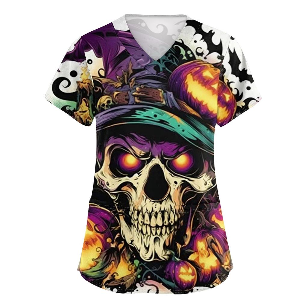 Women's V-neck Halloween Printed Short-sleeved Pocket Side-slit Protective Suit Top
