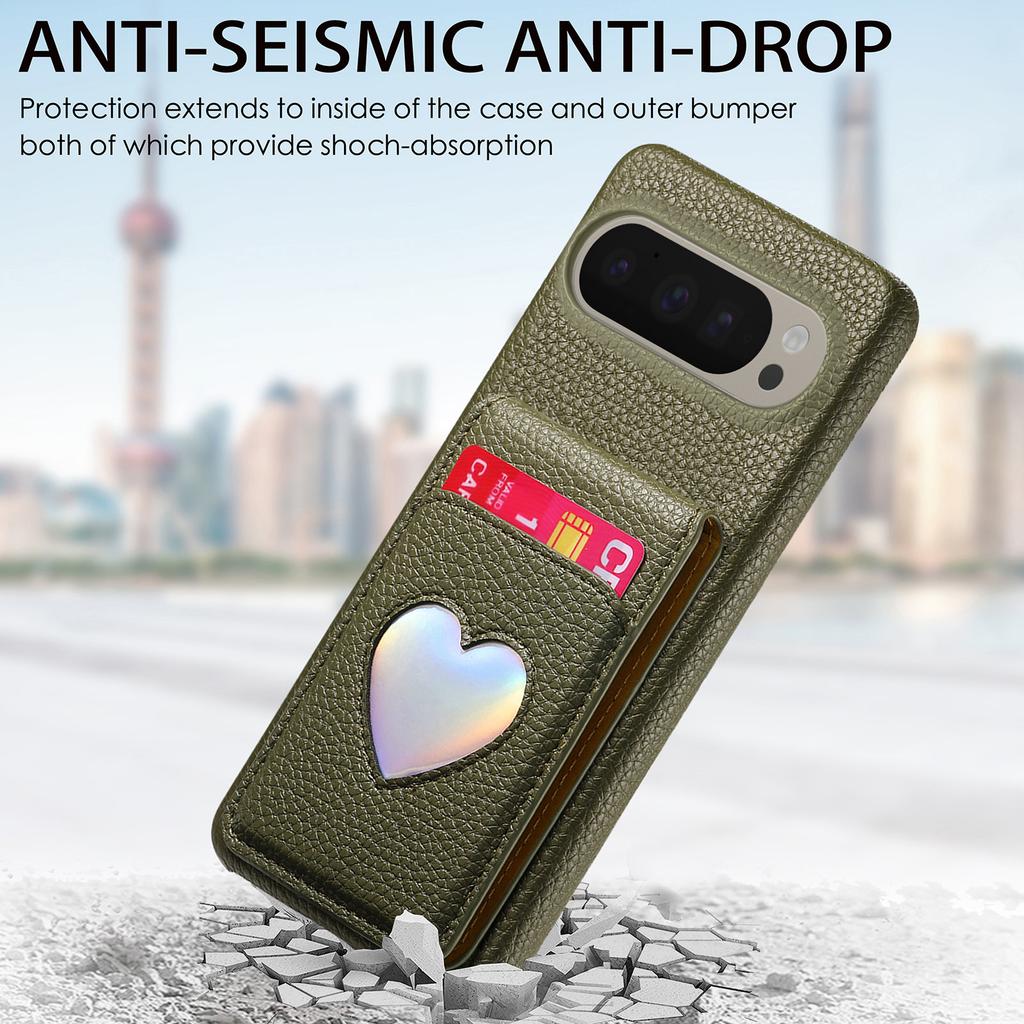 For Google Pixel 10 Pro XL/9 Pro XL Case with Mirror Card Holder RFID Blocking Litchi Texture PU PC Phone Back Cover