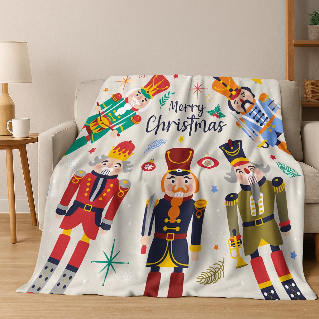 Frohe Weihnachten Baum Nussknacker Cartoon Puppe Neujahrsgeschenk Flanell Decke, Weiche Wohndecke für Zuhause Schlafzimmer Bett Sofa Kinder